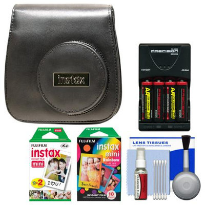 Fujifilm Groovy Camera Case for Instax Mini 8 (Black) with 20 Twin & 10 Rainbow Prints + (4) Batteries & Charger + Accessory Kit
