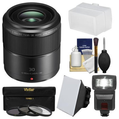 Panasonic Lumix G 30mm f/2.8 MEGA OIS Macro Lens with Flash + Soft Box + Bounce Diffuser + 3 UV/CPL/ND8 Filters + Accessory Kit