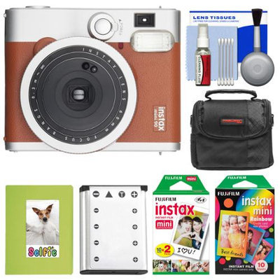 Fujifilm Instax Mini 90 Neo Classic Instant Film Camera (Brown) with 20 Twin Prints & 10 Rainbow Prints + Case + Battery + Photo Album Kit