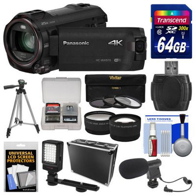 Panasonic HC-WX970 4K Ultra HD Wi-Fi Video Camera Camcorder with 64GB Card + Case + LED Light + Microphone + Tripod + Filters + Tele/Wide Lens Kit