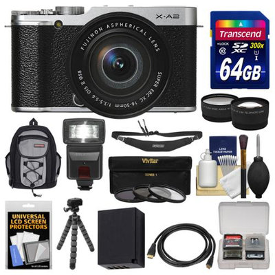Fujifilm X-A2 Wi-Fi Digital Camera & 16-50mm XC Lens (Silver) with 64GB Card + Case + Flash + Battery + Tripod + Tele/Wide Lens Kit + FUJIFILM USA Warranty