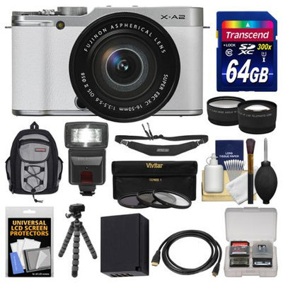 Fujifilm X-A2 Wi-Fi Digital Camera & 16-50mm XC Lens (White) with 64GB Card + Case + Flash + Battery + Tripod + Tele/Wide Lens Kit + FUJIFILM USA Warranty