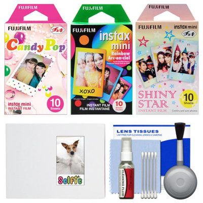 Essentials Bundle for Fujifilm Instax Mini 8 & Mini 90 Instant Film Camera with 30 Candy/Rainbow/Shiny Star Prints + Cleaning Kit