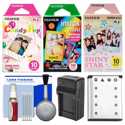 Essentials Bundle for Fujifilm Instax Mini 90 Instant Film Camera with 30 Candy/Rainbow/Shiny Star Prints + Battery & Charger + Cleaning Kit