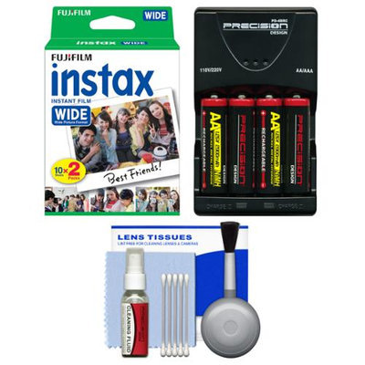 Essentials Bundle for Fujifilm Instax 210 & Wide 300 Instant Film Camera with 20 Wide Prints + Battery & Charger + Cleaning Kit