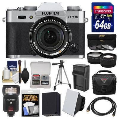 Fujifilm X-T10 Digital Camera & 18-55mm XF Lens (Silver) with 64GB Card + Case + Flash + Battery & Charger + Tripod + Tele/Wide Lens Kit with FUJIFILM USA Warranty
