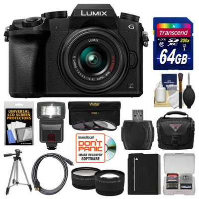 Panasonic Lumix DMC-G7 4K Wi-Fi Digital Camera & 14-42mm Lens (Black) with 64GB Card + Case + Flash + Battery + Tripod + Tele/Wide Lens Kit with PANASONIC USA Warranty