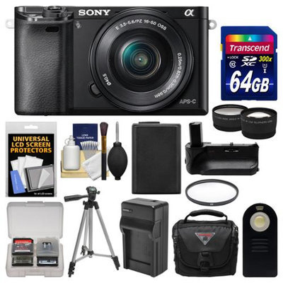 Sony Alpha A6000 Wi-Fi Digital Camera & 16-50mm Lens (Black) with 64GB Card + Case + Battery & Charger + Grip + Tripod + Tele/Wide Lens Kit + SONY USA Warranty