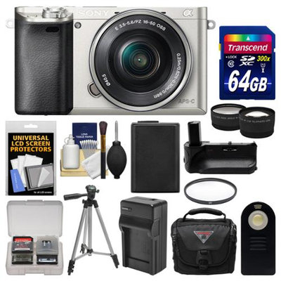 Sony Alpha A6000 Wi-Fi Digital Camera & 16-50mm Lens (Silver) with 64GB Card + Case + Battery & Charger + Grip + Tripod + Tele/Wide Lens Kit + SONY USA Warranty