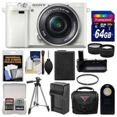 Sony Alpha A6000 Wi-Fi Digital Camera & 16-50mm Lens (White) with 64GB Card + Case + Battery & Charger + Grip + Tripod + Tele/Wide Lens Kit + SONY USA Warranty