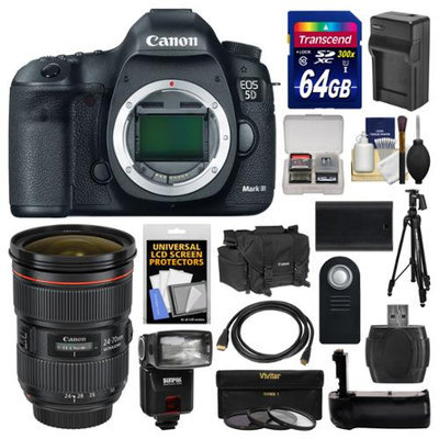 Canon EOS 5D Mark III Digital SLR Camera Body with 24-70mm f/2.8 L Lens + 64GB Card + Case + Flash + Battery/Charger + Grip + Tripod Kit with CANON USA Warranty