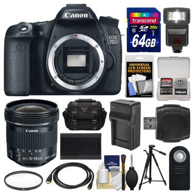Canon EOS 70D Digital SLR Camera Body & 10-18mm IS Lens with 64GB Card + Case + Flash + Battery & Charger + Tripod + Kit with CANON USA Warranty
