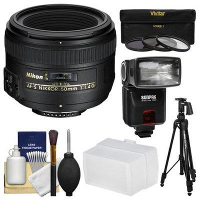 Nikon 50mm f/1.4G AF-S Nikkor Lens with iTTL Flash + Diffuser + Pistol-Grip Tripod + 3 Filters + Kit with NIKON USA Warranty