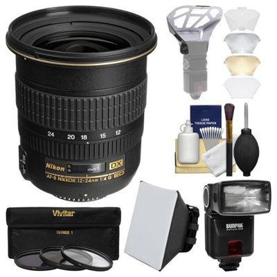 Nikon 12-24mm f/4 G DX AF-S ED-IF Zoom-Nikkor Lens with iTTL Flash + Soft Box + Diffuser Bouncer + 3 UV/CPL/ND8 Filters + Kit with NIKON USA Warranty