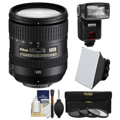 Nikon 16-85mm f/3.5-5.6 G VR DX AF-S ED Zoom-Nikkor Lens with iTTL Flash + Soft Box + 3 UV/CPL/ND8 Filters + Kit with NIKON USA Warranty