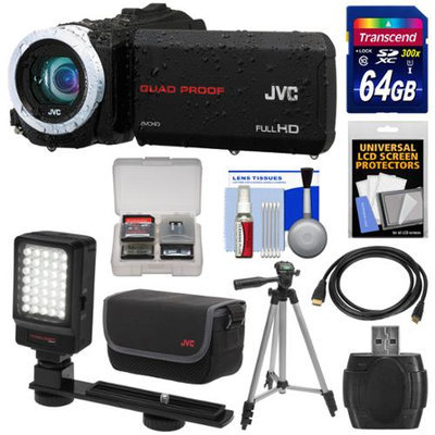 JVC Everio GZ-R10 Quad Proof Full HD Digital Video Camera Camcorder (Black) with 64GB Card + Case + LED Light + Tripod + Kit