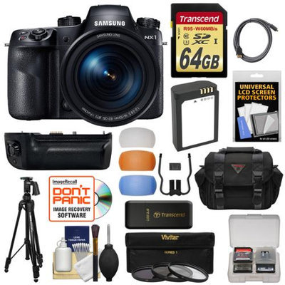 Samsung NX1 Smart Wi-Fi 4K Digital Camera & 16-50mm Lens includes Battery Grip + 64GB Card + Battery + Case + Tripod + 3 Filters + Kit with SAMSUNG USA Warranty