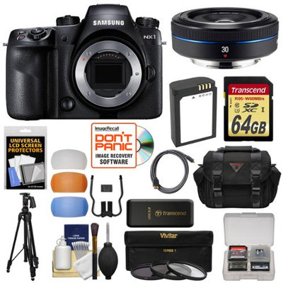 Samsung NX1 Smart Wi-Fi 4K Digital Camera Body with 30mm f/2.0 Lens + 64GB Card + Battery + Case + Tripod + 3 Filters + Kit with SAMSUNG USA Warranty