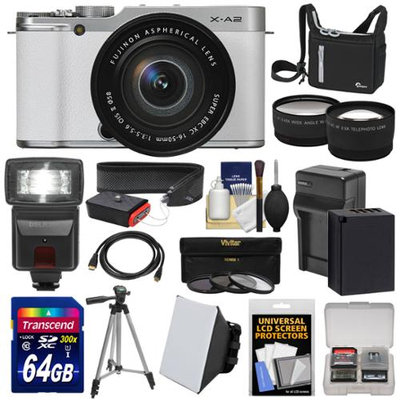 Fujifilm X-A2 Wi-Fi Digital Camera & 16-50mm XC Lens (White) with 64GB Card + Battery & Charger + Case + Flash + Tripod + Strap + Tele/Wide Lens Kit with FUJIFILM USA Warranty