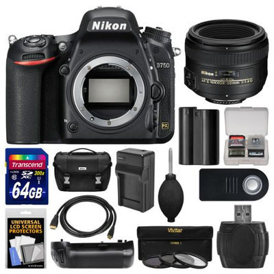 Nikon D750 Digital SLR Camera Body with 50mm f/1.4G AF-S Lens + 64GB Card + Case + Battery & Charger + Grip + 3 Filters + Kit with NIKON USA Warranty