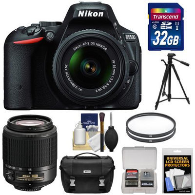 Nikon D5500 Wi-Fi Digital SLR Camera & 18-55mm VR DX Lens (Black) - Factory Refurbished with 55-200mm Zoom Lens + 32GB Card + Case + Tripod + Kit