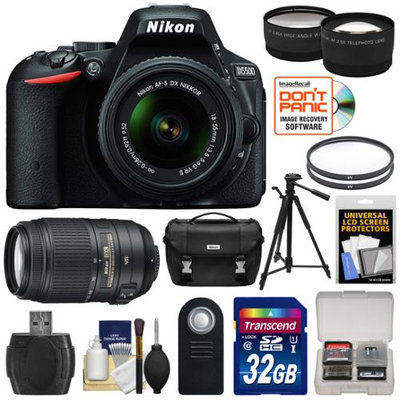 Nikon D5500 Wi-Fi Digital SLR Camera & 18-55mm VR DX Lens (Black) - Factory Refurbished with 55-300mm VR Lens + 32GB Card + Case + Filters + Tripod + Tele/Wide Lens Kit