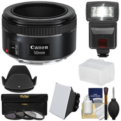 Canon EF 50mm f/1.8 STM Lens with Flash & Diffusers + 3 UV/CPL/ND8 Filters + Hood + Kit