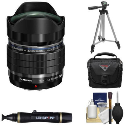 Olympus M.Zuiko 8mm f/1.8 PRO ED Fisheye Lens (Black) with Tripod + Case + Cleaning Kit