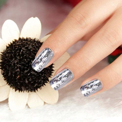 Bundle Monster BMC 24pc Holographic Silver Circle Checker Foil Design Nail Art Sticker Strips