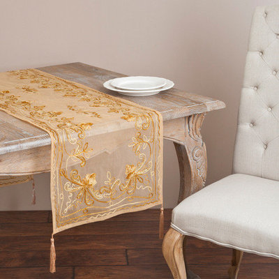 Saro 'Chenille' Mocha Floral Emrboidered Table Linen Topper or Table Runner