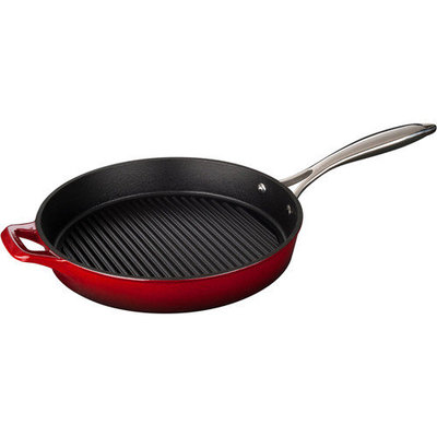 La Cuisine Griddles & Grill Pans 12 in. Cast Iron Round Grill Pan with Red Enamel Finish LC 7200