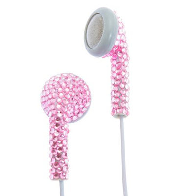 Crystal Case Pink (White Cord) Crystal Rhinestone Earphones Earbuds with Microphone