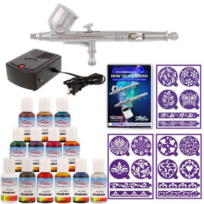 Master Airbrush Cake Decorating Set 13 Air Mist Colors Compressor 12 Stencils