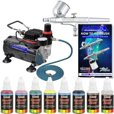 MASTER AIRBRUSH Gravity Dual-Action SET Air Compressor Primary Colors Paint Kit
