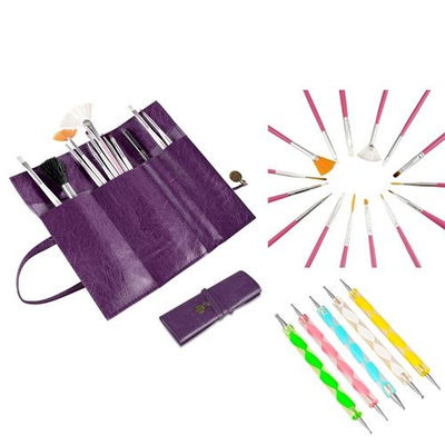Insten Zodaca 20 Pcs Nail Art Design Painting Dotting Pen Pink Brushes Set+Purple Roll up Bag