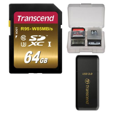 Transcend 64GB SecureDigital SDXC UHS-3 R95/W85 MB/S Memory Card with 3.0 Card Reader + Card Case