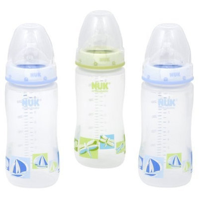 NUK Medium Flow 3 Pack Baby Bottle, Blue/Green, 10-Ounce