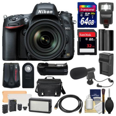 Nikon D610 Digital SLR Camera with 28-300mm VR AF-S Zoom Lens, Shoulder Bag & 32GB & 64GB Card + Case + Flash + Battery/Charger + Grip + GPS + Microphone & Video Light Kit