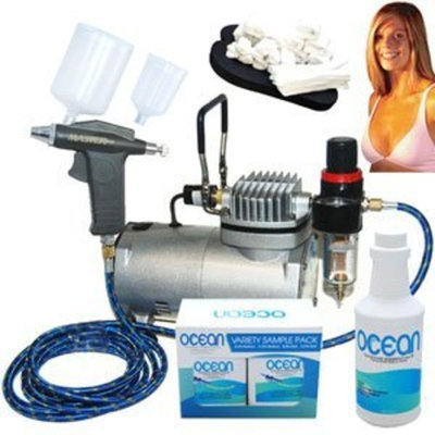 Complete Professional Turbo Tan Airbrush Sunless Tanning System with a Trigger Style Gravity Feed Airbrush Gun plus a Pint of 8.5% DHA Solution with Medium Bronzer, a 4 Solution Variety Pack (1 Pint Total), and an Accessories Kit