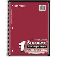 Top Flight Standards 1-Subject Wirebound Notebook, 70 Sheets, 3-Hole Punched, College Rule, 10.5 x 8 Inches, 1 Notebook, Color May Vary (31710)