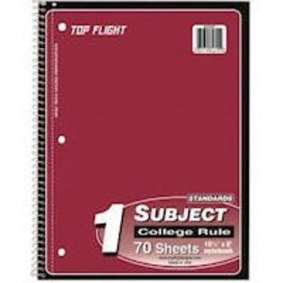 Top Flight Standards 1-Subject Wirebound Notebook, 70 Sheets, 3-Hole Punched, College Rule, 10.5 x 8 Inches, 1 Notebook, Color May Vary (31710)