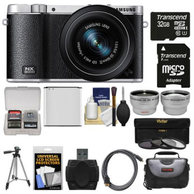 Samsung NX3000 Smart Wi-Fi Digital Camera with 20-50mm Lens & Flash (Black) with 32GB Card + Case + Battery + Tripod + Filter + Tele/Wide Lens Kit