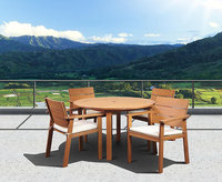 Amazonia Tampa 5 Piece Eucalyptus Wood Round Patio Dining Set With Off-White & Beige Striped Cushions Brown
