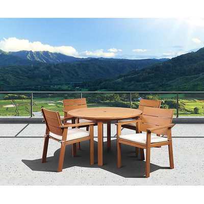 Amazonia Tampa 5 Piece Eucalyptus Wood Round Patio Dining Set With Off-White & Beige Striped Cushions Brown