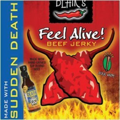 Unknown Beef Jerky, Blair's, Feel Alive, with Sudden Death Hot Sauce, XXX-Heat, 2oz. Pouch