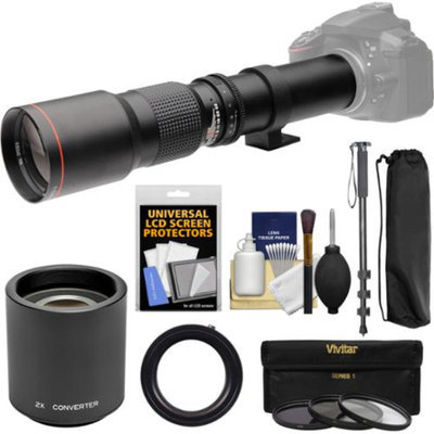 Vivitar 500mm f/8.0 Telephoto Lens with 2x Teleconverter (=1000mm) + Monopod + 3 Filters Kit for Canon EOS Digital SLR Cameras