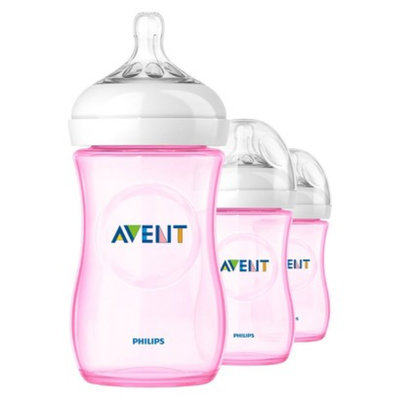Philips Avent BPA Free Natural 9 Ounce Polypropylene Bottles, Pink, 3-