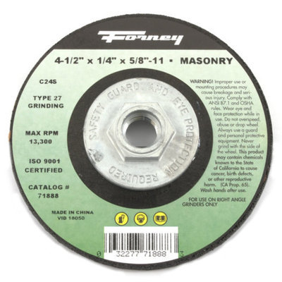 Forney 71888 Grinding Wheel with 5/8-Inch-11 Threaded Arbor Masonry Type 27 C24S-BF 4-1/2-Inch-by-1/