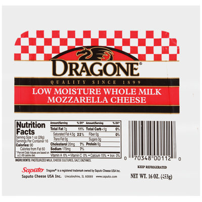 Dragone® Low Moisture Whole Milk Mozzarella Cheese 16 oz. Pack