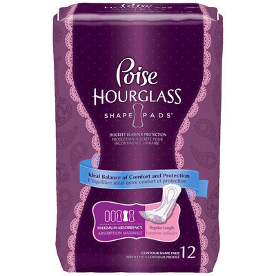 Poise® Hourglass Shape Pads* Maximum Absorbency Regular Length Incontinence Pads 12 ct Pack